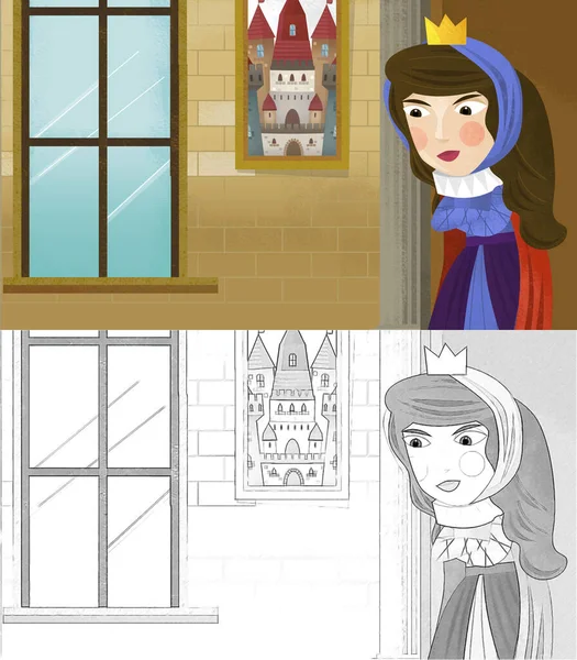 卡通片 城堡里有女王或公主 为孩子们画草图 — 图库照片