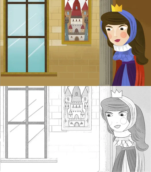 cartoon scene with queen or princess in the castle illustration for children sketch