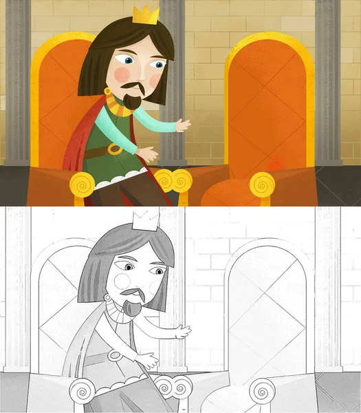 Cena Dos Desenhos Animados Com Rei Príncipe Ilustração Castelo Para — Fotografia de Stock