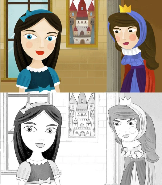 Cartoon Scene Queen Princess Castle Illustration Children Sketch — 图库照片