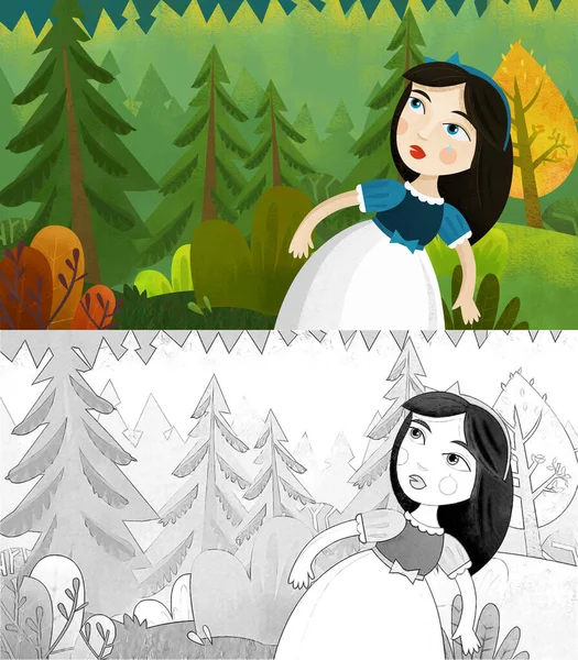 Escena Dibujos Animados Con Joven Princesa Bosque Ilustración Para Los — Foto de Stock