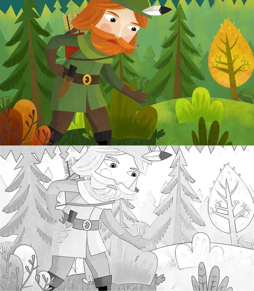 cartoon scene with older man farmer or hunter in the forest illustration for children sketch