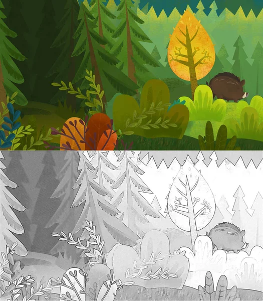 Escena Dibujos Animados Con Bosque Natural Animales Ilustración Aves Para — Foto de Stock