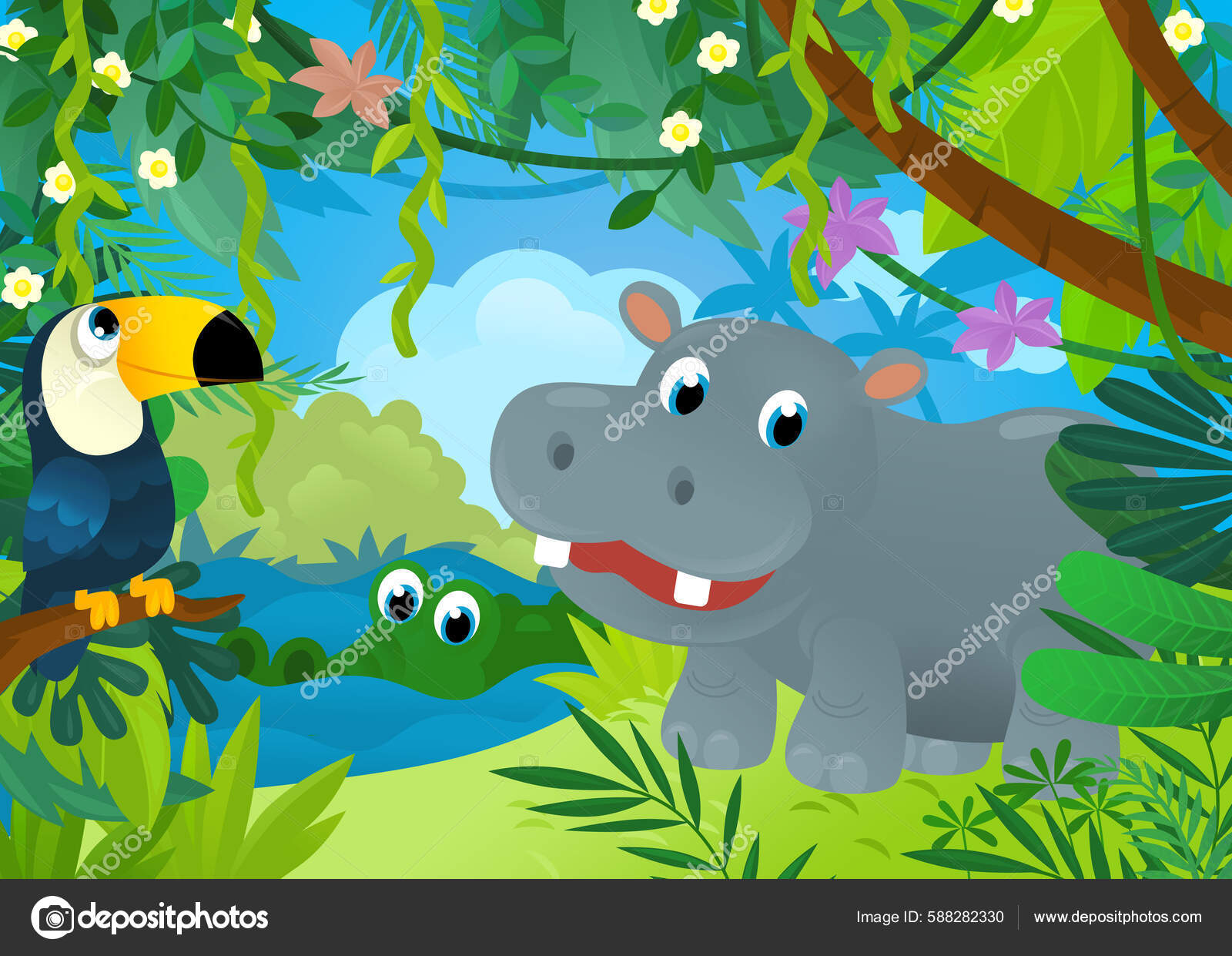 Escena Dibujos Animados Con Animales Selva Estar Juntos Ilustración Para  Ilustración de stock #588282330 de ©illustrator_hft, image size:1600x1241