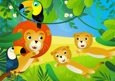 Orman hayvanlarının bir arada olduğu çizgi film sahnesi çocuklar için illüstrasyon