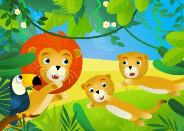 Orman hayvanlarının bir arada olduğu çizgi film sahnesi çocuklar için illüstrasyon