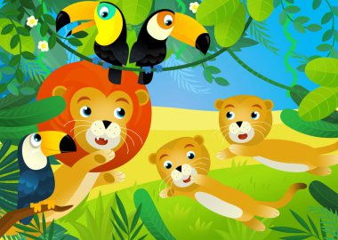 Orman hayvanlarının bir arada olduğu çizgi film sahnesi çocuklar için illüstrasyon