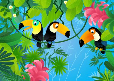 Orman hayvanlarının bir arada olduğu çizgi film sahnesi çocuklar için illüstrasyon