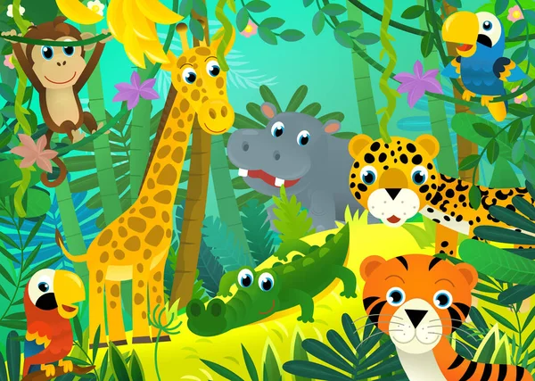 Cartoon Scene Jungle Animals Being Together Illustration Children — Stock Photo, Image