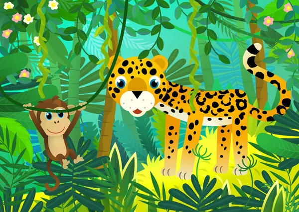 Cartoon Scene Jungle Animals Being Together Illustration Children — Stok fotoğraf