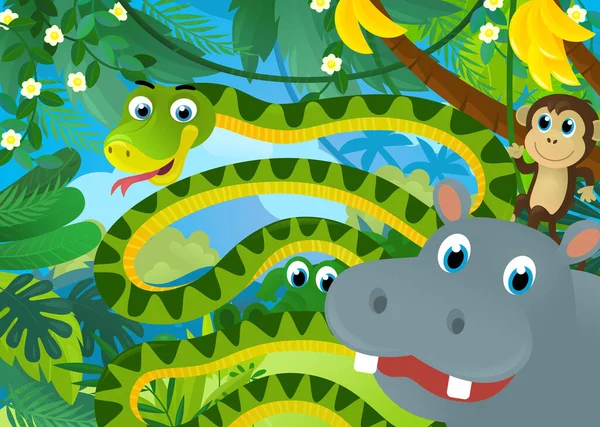 Cartoon Scene Jungle Animals Being Together Illustration Children — Fotografia de Stock