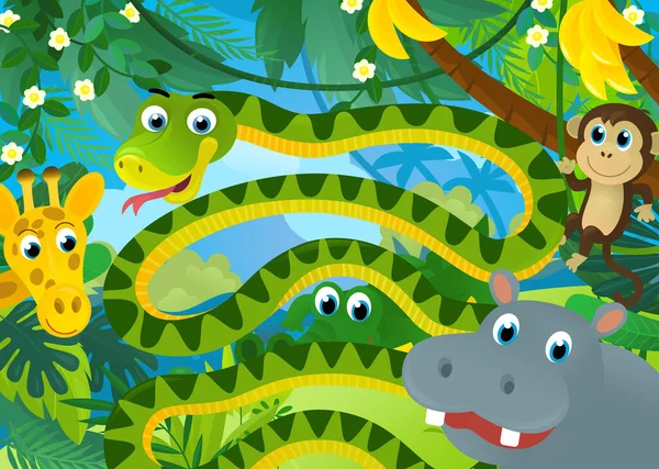 Cartoon Scene Jungle Animals Being Together Illustration Children — Foto Stock