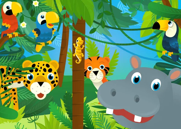 Cartoon Scene Met Jungle Dieren Samen Illustratie Voor Kinderen — Stockfoto