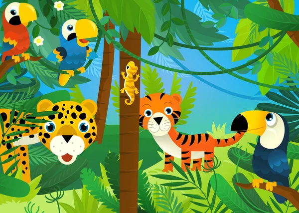 Scène Dessin Animé Avec Des Animaux Jungle Étant Ensemble Illustration — Photo