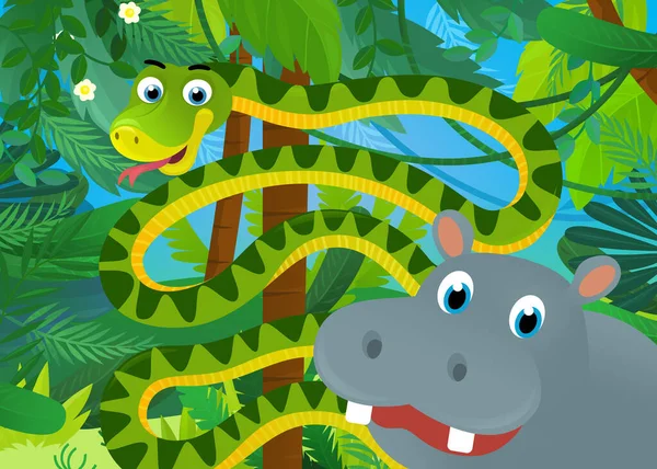 Cartoon Scene Jungle Animals Being Together Illustration Children — Stok fotoğraf