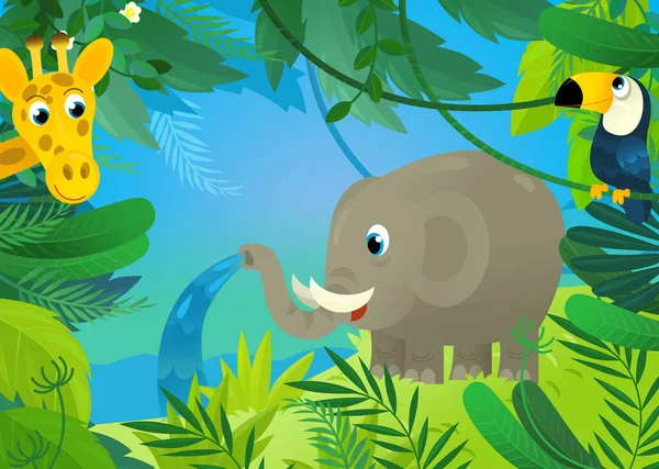 Cartoon Scene Jungle Animals Being Together Illustration Children — 스톡 사진