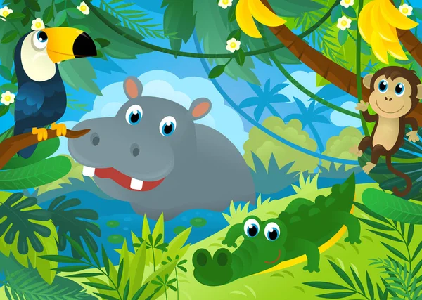 Cartoon Scene Jungle Animals Being Together Illustration Children — Stockfoto