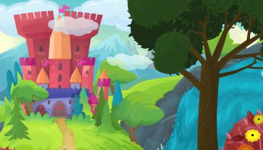 Çocuklar için orman illüstrasyonunun yakınında güzel bir şatosu olan karikatür doğa sahnesi