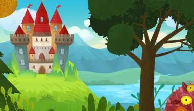 Çocuklar için orman illüstrasyonunun yakınında güzel bir şatosu olan karikatür doğa sahnesi