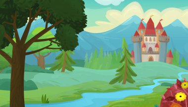 Çocuklar için orman illüstrasyonunun yakınında güzel bir şatosu olan karikatür doğa sahnesi