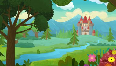 Çocuklar için orman illüstrasyonunun yakınında güzel bir şatosu olan karikatür doğa sahnesi
