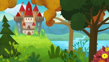 Çocuklar için orman illüstrasyonunun yakınında güzel bir şatosu olan karikatür doğa sahnesi
