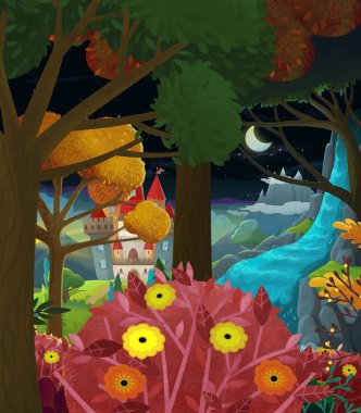 Çocuklar için orman illüstrasyonunun yakınında güzel bir şatosu olan karikatür doğa sahnesi