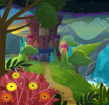 Çocuklar için orman illüstrasyonunun yakınında güzel bir şatosu olan karikatür doğa sahnesi