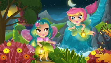 Çocuklar için orman illüstrasyonunun yakınında güzel bir şatosu olan karikatür doğa sahnesi