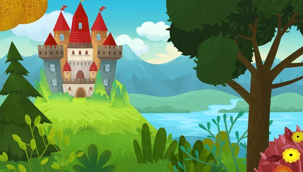 Cartoon Nature Scene Beautiful Castle Forest Illustration Children — Stock Photo, Image