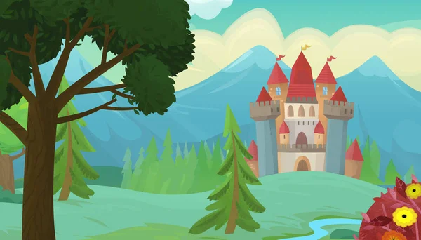 Cartoon nature scene with beautiful castle near the forest illustration for children