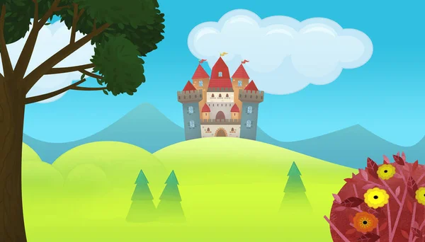 Cartoon nature scene with beautiful castle near the forest illustration for children