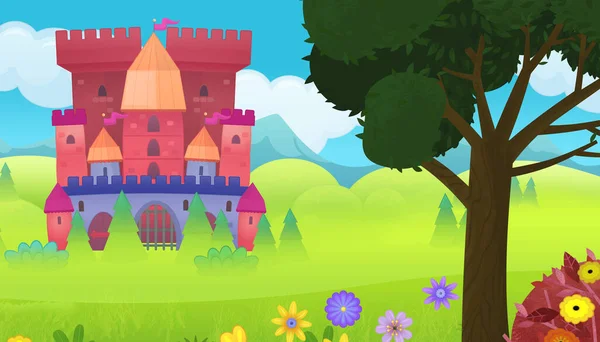 Cartoon nature scene with beautiful castle near the forest illustration for children