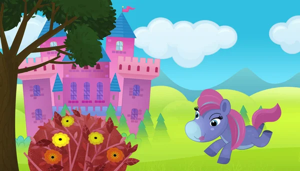 Cartoon nature scene with beautiful castle near the forest illustration for children