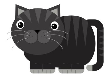 Çizgi film kedisi ayakta duruyor ve çocuklar için beyaz arkaplanda gülümsüyor.