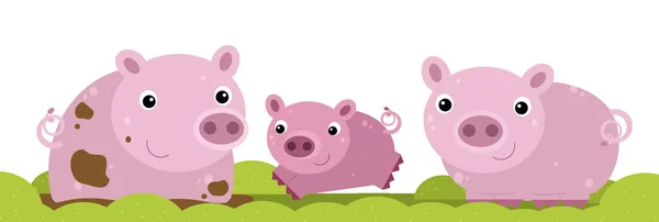 Cartoon happy pig family is standing looking and smiling on white background illustration for children