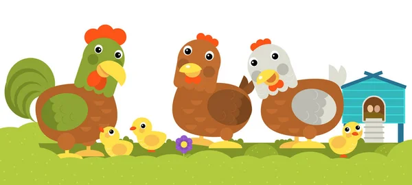 Cartoon Happy Chicken Family Standing Looking Smiling White Background Illustration — Stockfoto