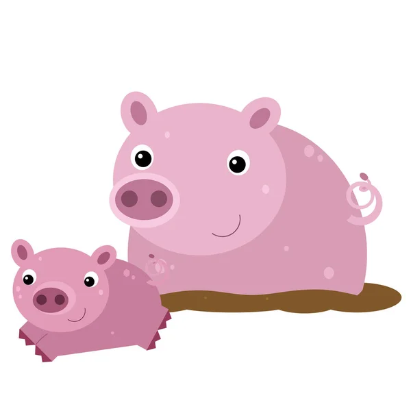 Cartoon happy funny pig family is standing looking and smiling on white background illustration for children