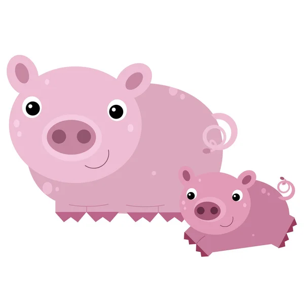 Cartoon happy funny pig family is standing looking and smiling on white background illustration for children