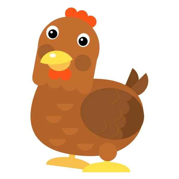 Cartoon scene chicken hen is standing looking and smiling on white background illustration for children