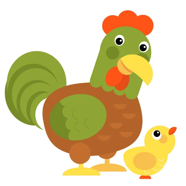 Cartoon scene chicken hen rooster family is standing looking and smiling on white background illustration for children