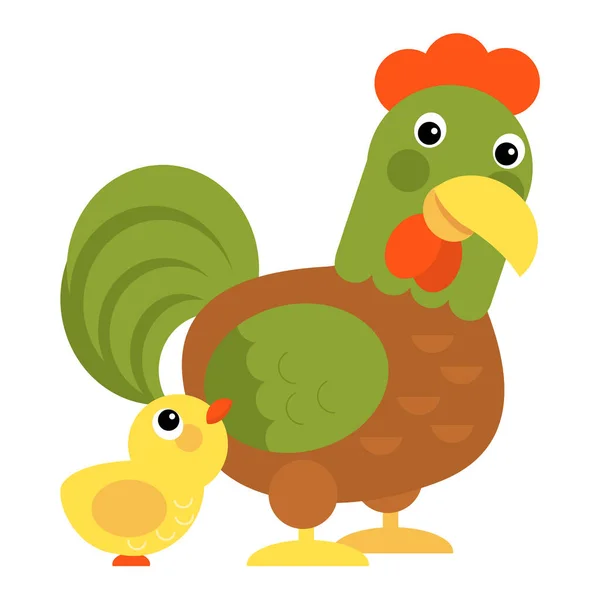 Cartoon scene chicken hen rooster family is standing looking and smiling on white background illustration for children