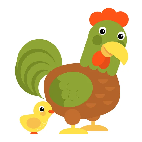 Cartoon Scene Chicken Hen Rooster Family Standing Looking Smiling White — 图库照片