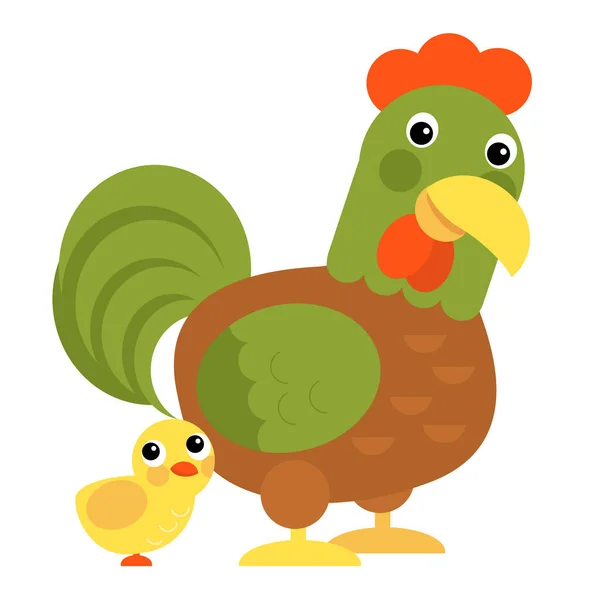 Cartoon Scene Chicken Hen Rooster Family Standing Looking Smiling White — Stockfoto