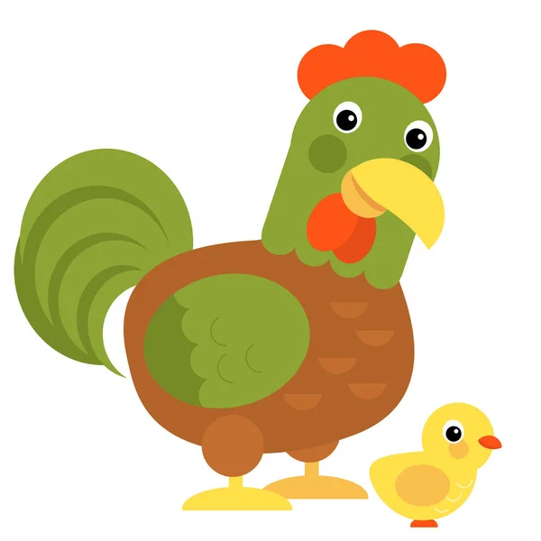 Cartoon Scene Chicken Hen Rooster Family Standing Looking Smiling White — 스톡 사진