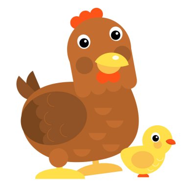 Cartoon scene chicken hen rooster family is standing looking and smiling on white background illustration for children