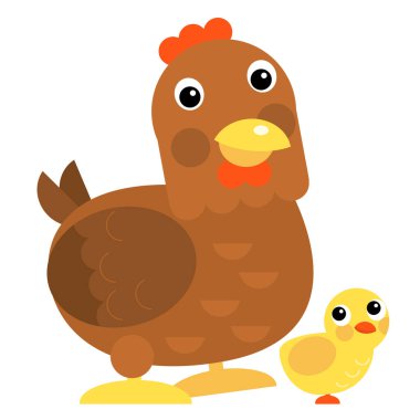 Cartoon scene chicken hen rooster family is standing looking and smiling on white background illustration for children