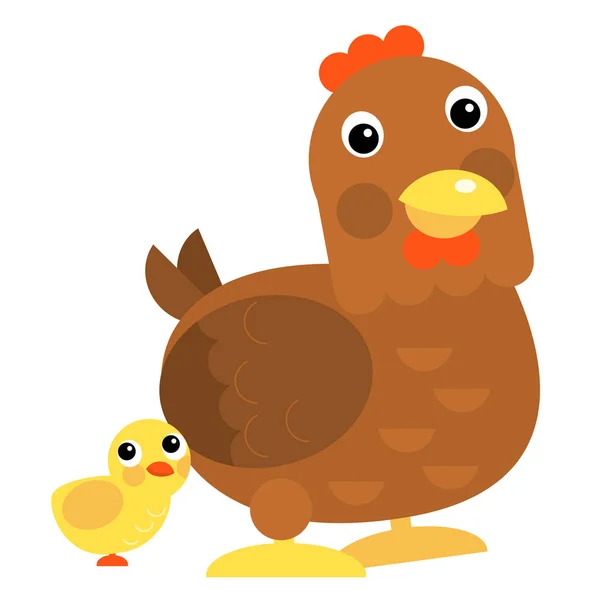 Cartoon scene chicken hen rooster family is standing looking and smiling on white background illustration for children