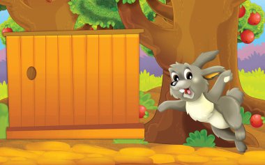 cartoon scene with farm rabbit in the garden illustration for children