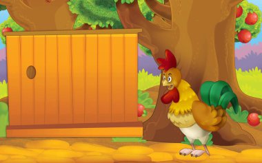 cartoon scene with rooster bird on the farm in the garden illustration for children
